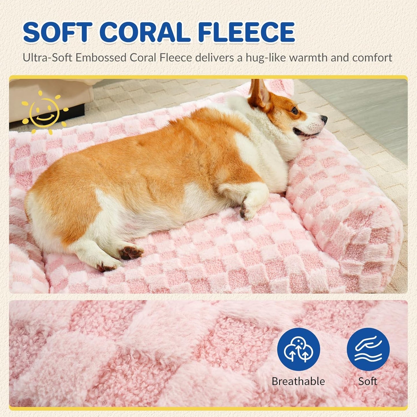 Large Dog Bed Sofa, Fluffy Pet Bed for Medium and Large Dogs, Supportive Dog Couch Sofa for Dogs, Pet Sofas with Washable Cover & Non-Slip, 38 inch, Pink