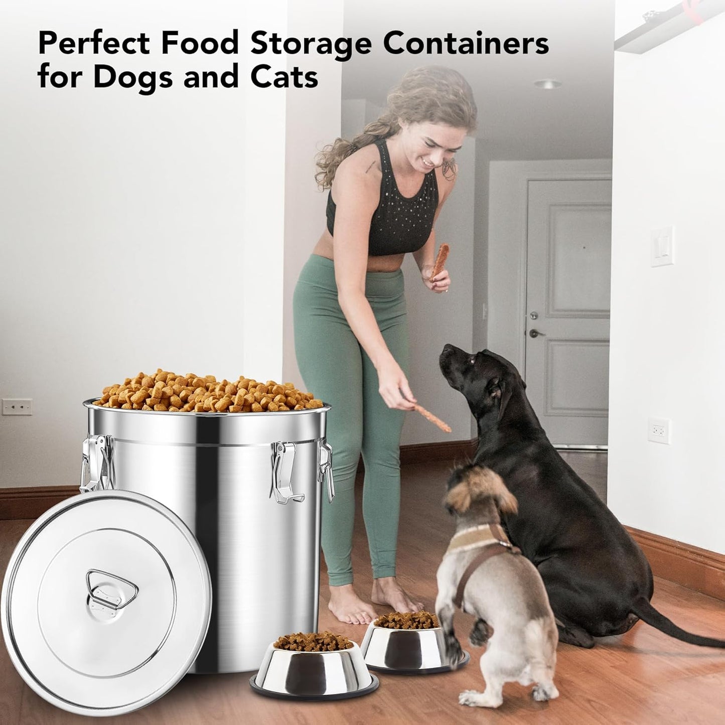Dog Food Storage Containers, Large Stainless Steel Pet Food Storage Containers 15 lb / 6.5 kg to Keep Fresh, Metal Airtight Cat Food Containers With Scoop and 2 Small Containers