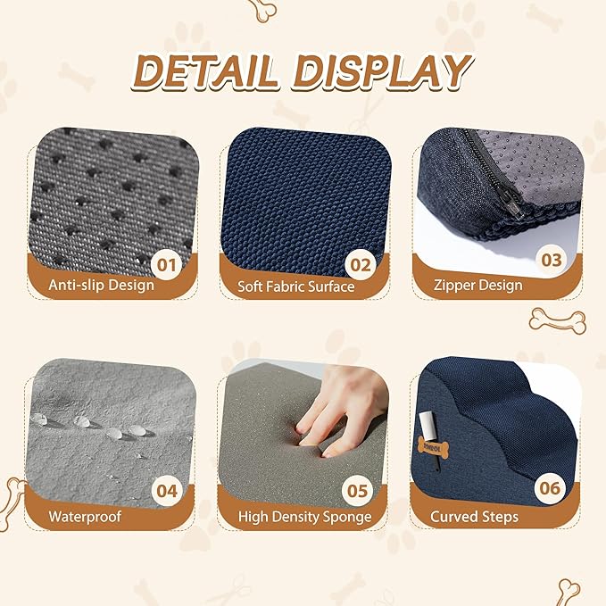 Romrol Dog Stairs Ramp for High Beds Couches, High Density Foam Pet Steps with Durable Non-Slip Waterproof Fabric Cover, Dog Stairs for Small Dogs or Cats or Pets, 3-Step,15 Inch,Navy