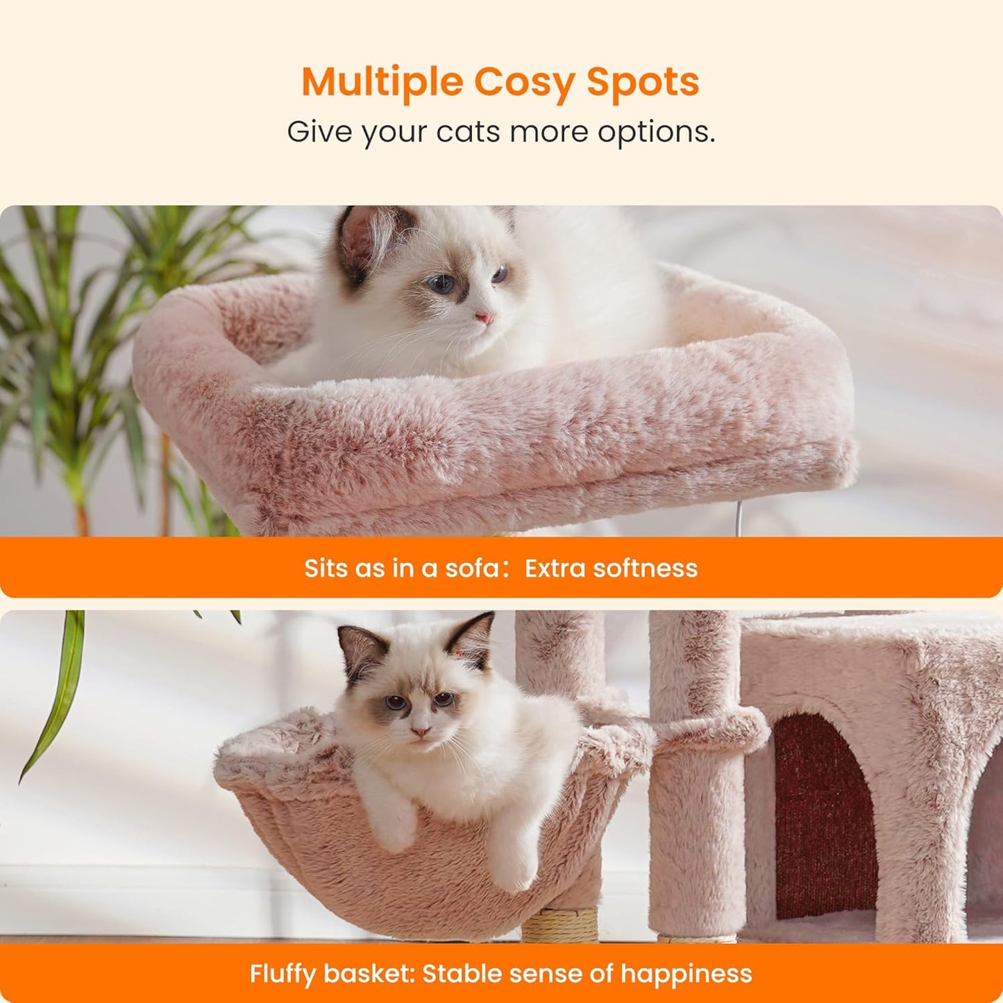 Heybly Cat Tree with Cat Self Groomer Brush, Cat Tower Condo for Indoor Cats with Padded Plush Perch, Cat House with Basket Scratching Board Post, Muchroom HCT005SMU