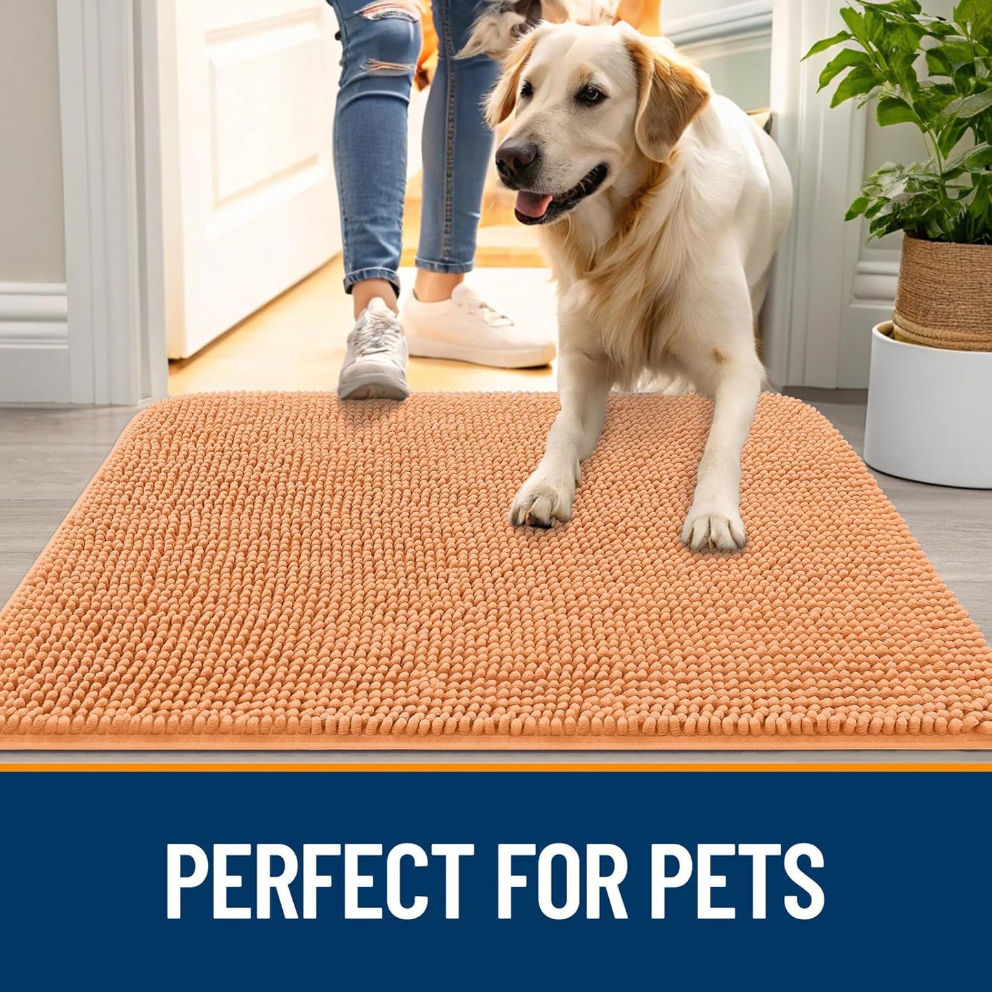 OLANLY Dog Door Mat for Muddy Paws 59x20, Absorbs Moisture and Dirt, Absorbent Non-Slip Washable Doormat, Quick Dry Chenille Mud Mat for Dogs, Entry Indoor Entryway Carpet for Inside Floor, Orange