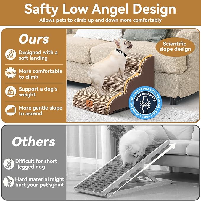 Dog Ramp and Stair for Bed 16" H-20 H,3-Step Cat Stair for Sofa and Chair,4-Step Dog Ramp for High Bed and Window,Durable Nonslip Fabric Cover for Indoor (Coffee-16 H, Pet Friendly, 3)