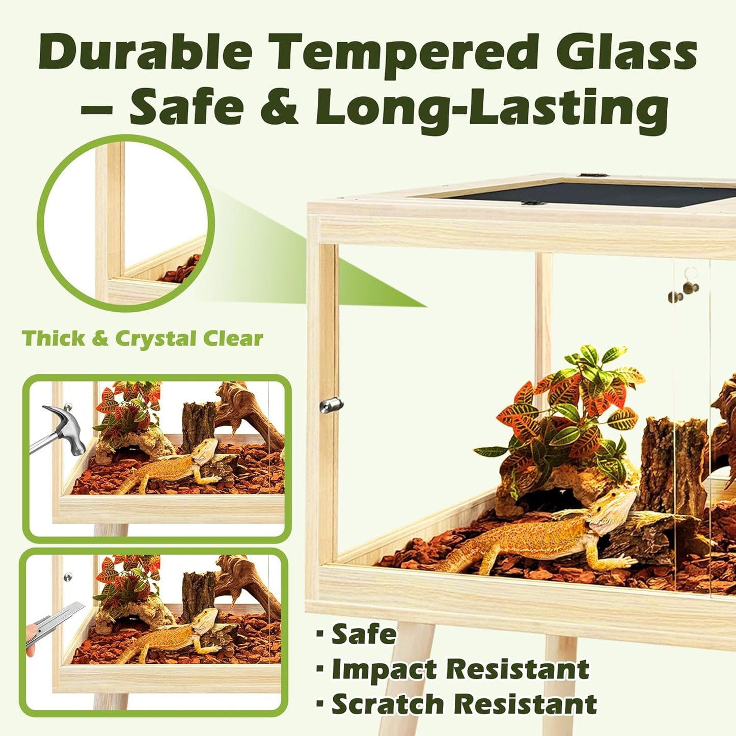 PROLEE Bearded Dragon Tank with Leg,Tempered Glass Lizard Tanks and Reptile Enclosure,Up to 78 Gallon Reptile Tank with Metal Mesh and Lockable Door for Snakes,Chameleon (Oak, 31Gallons,32inch)