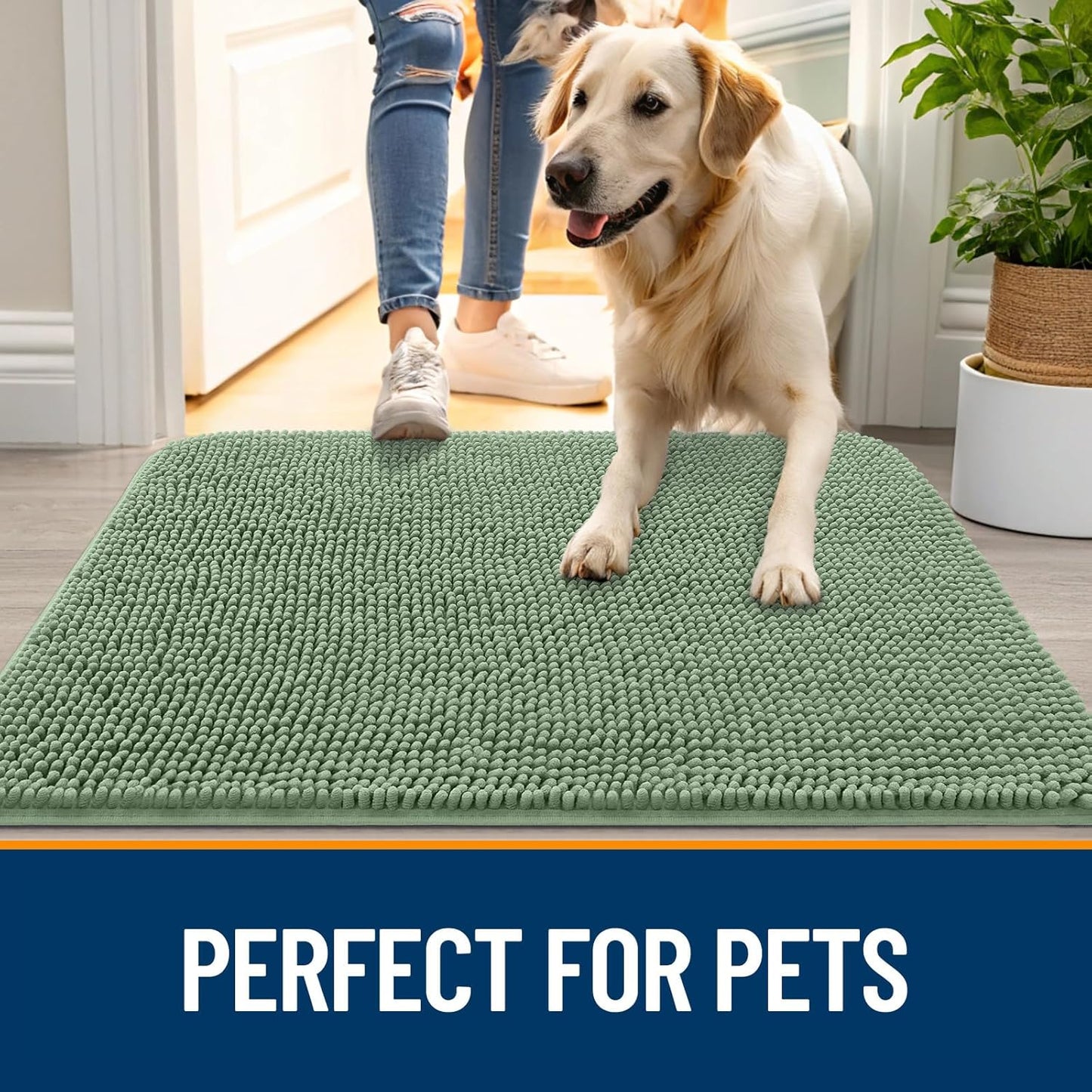 OLANLY Dog Door Mat for Muddy Paws 47x20, Absorbs Moisture and Dirt, Absorbent Non-Slip Washable Doormat, Quick Dry Chenille Mud Mat, Entry Indoor Entryway Carpet for Inside Floor, Olive Green