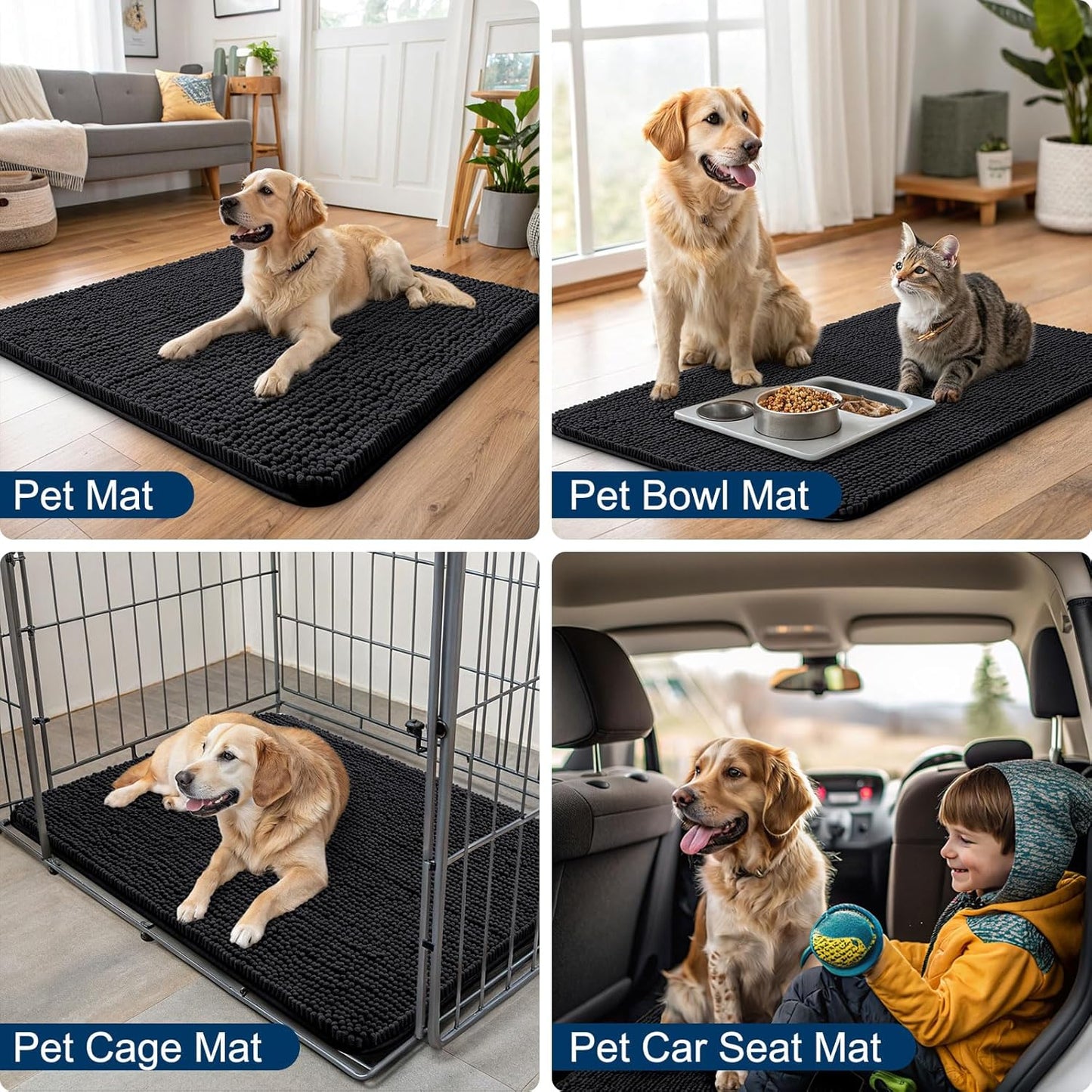 Smiry Dog Door Mat for Muddy Paws 48x30, Absorbs Moisture and Dirt Doormat, Non-Slip Washable Quick Dry Chenille Front Door Mat Indoor Entrance, Entryway Carpet for Inside Floor, Black