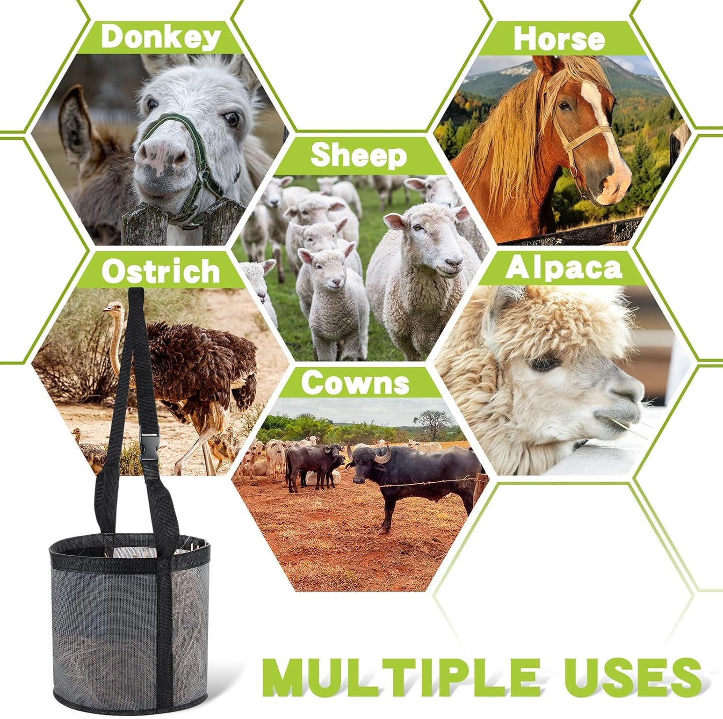 2 Pcs Horses Feed Horse Bag for Grain Hay Bags Heavy Duty Mesh Horse Feeder with Adjustable Strap Comfort Neck Pad Nose Pad and Waterproof Bottom Muzzle(Gray)