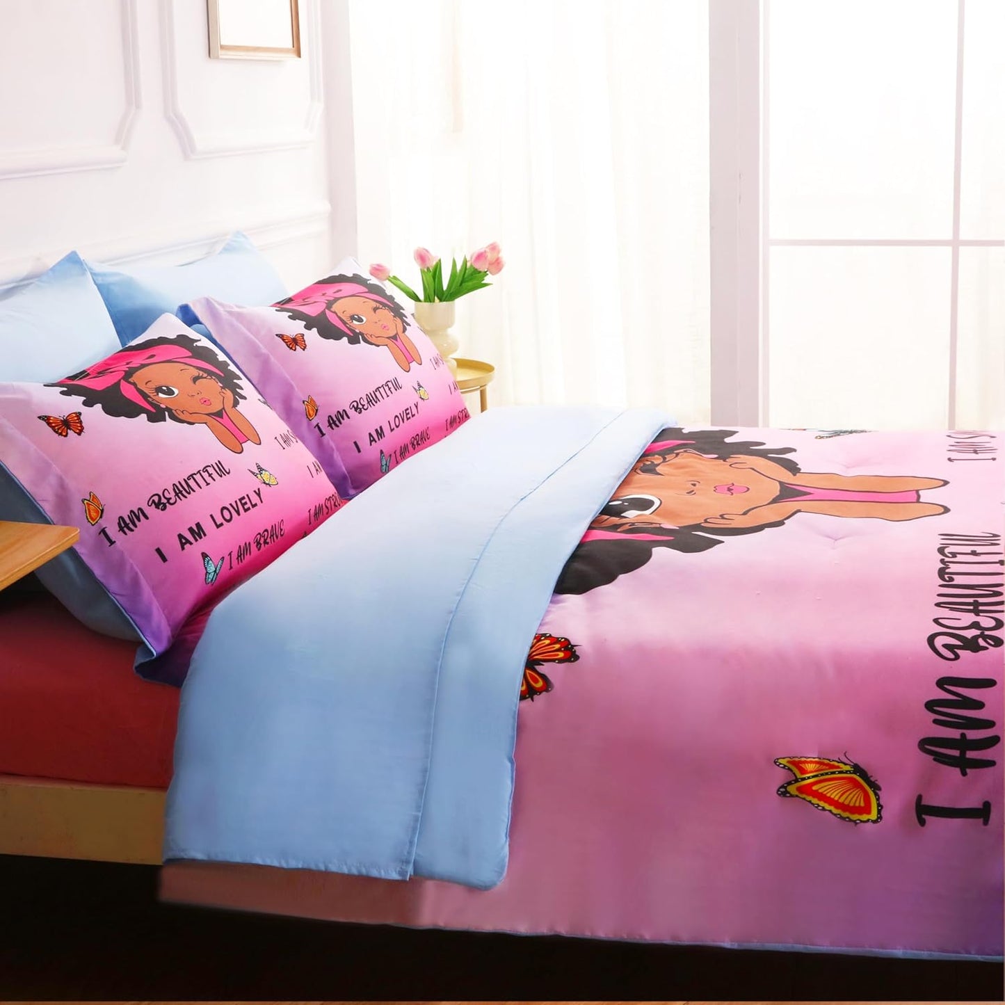7 Piece Black Girls Magic Comforter Sets Full Size African American Girl Bedding Set Bed in A Bag for Girls Kids Teens Inspirational Quotes Pink Blue Quilts Room Decor