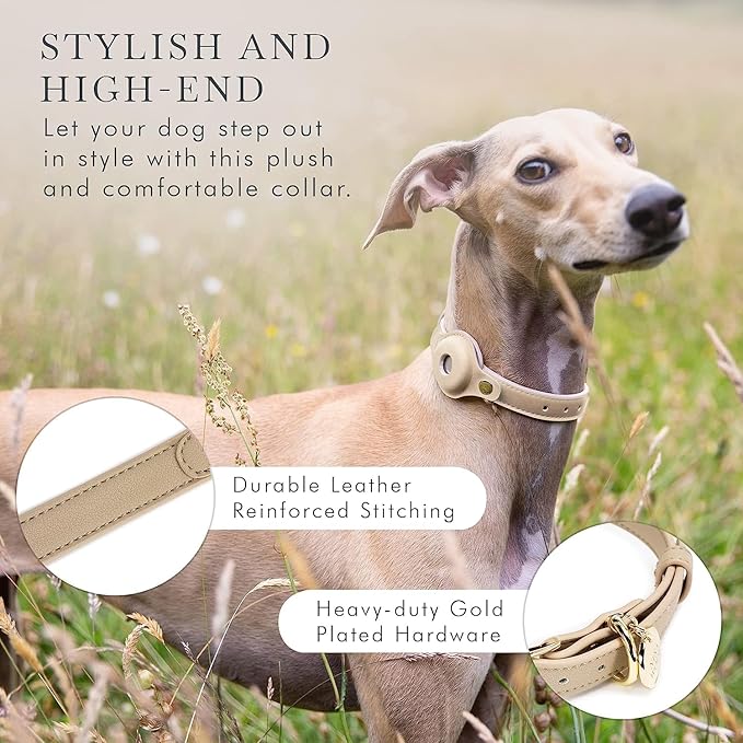 Cupertino Dog Collars, Harnesses & Leashes Made from Vegan Leather with Dog Tracker Device Holder Adjustable Dog Collar (Medium, Beige)
