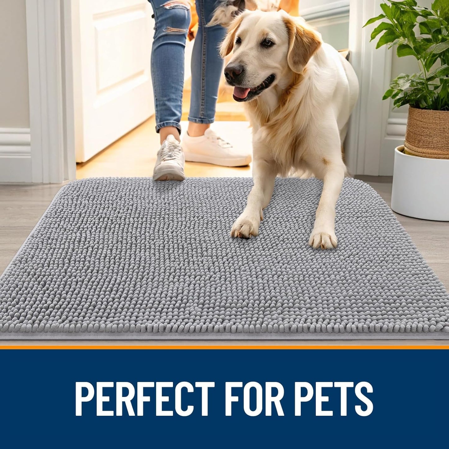OLANLY Dog Door Mat for Muddy Paws 54x32, Absorbs Moisture and Dirt, Absorbent Non-Slip Washable Doormat, Quick Dry Chenille Mud Mat for Dogs, Entry Indoor Entryway Carpet for Inside Floor, Light Grey