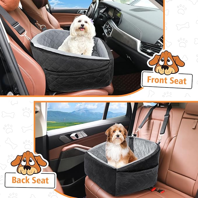 Dog Car Seat for Small Dogs,Detachable Washable Dog Booster Seat Under 30lbs, Pet Car Seat Travel Bed with Storage Pockets and Dog Safety Belt (Black/Grey)