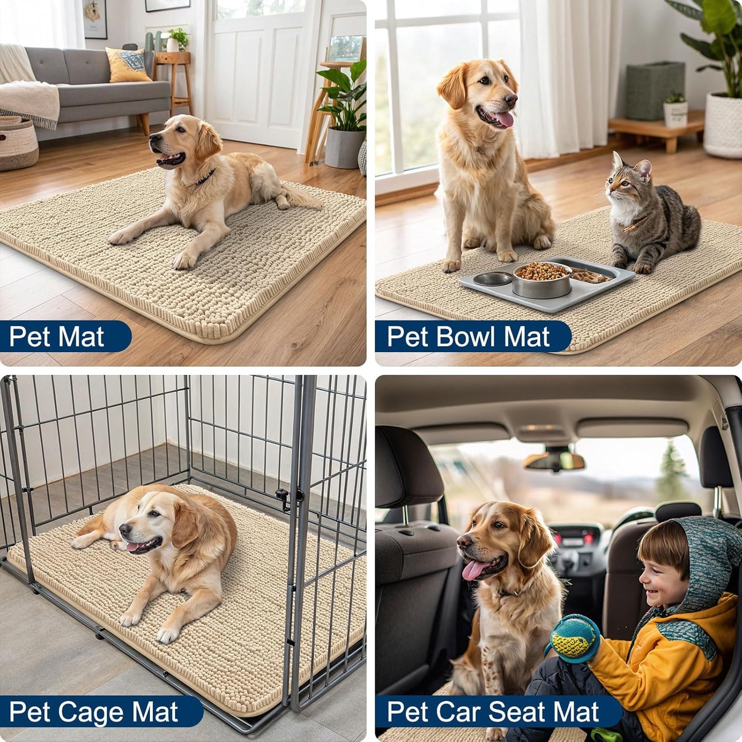 Smiry Dog Door Mat for Muddy Paws 34x21, Absorbs Moisture and Dirt Doormat, Non-Slip Washable Quick Dry Chenille Front Door Mat Indoor Entrance, Entryway Carpet for Inside Floor, Beige