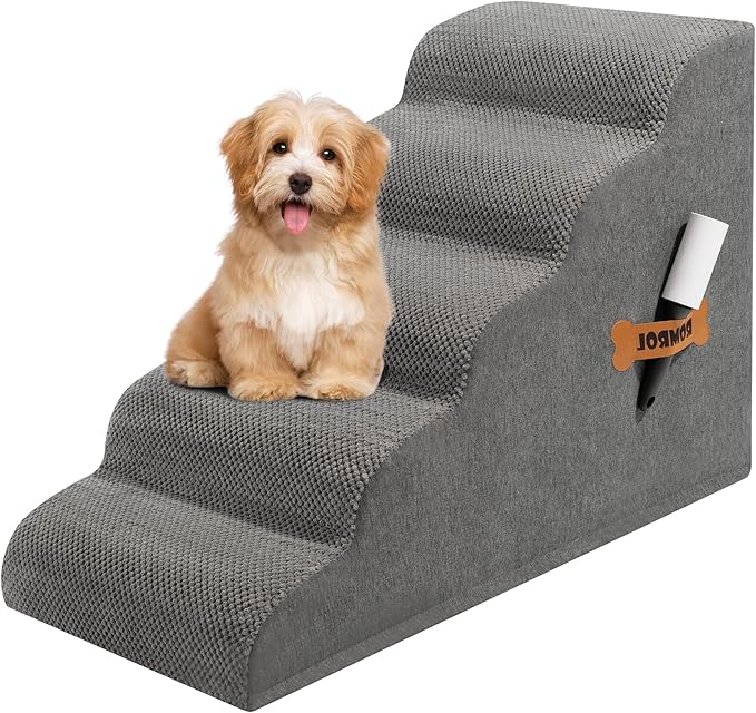 Romrol Dog Stairs Ramp for High Beds Couches, High Density Foam Pet Steps with Durable Non-Slip Waterproof Fabric Cover, Dog Stairs for Small Dogs or Cats or Pets, 3-Step,15 Inch, Grey