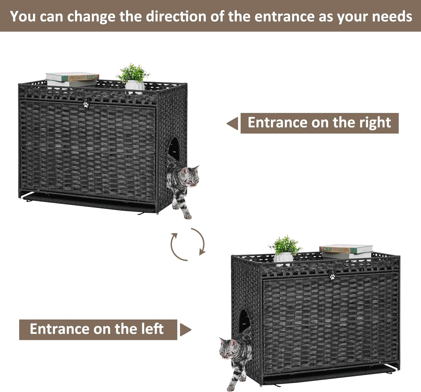 Cat Litter Box Enclosure with Soft Litter Mat; Hidden Cat Washroom Furniture with Door; Handwoven Rattan Cat House with Large Space; Pet Crate for Living Room, Bedroom, Balcony (Black)