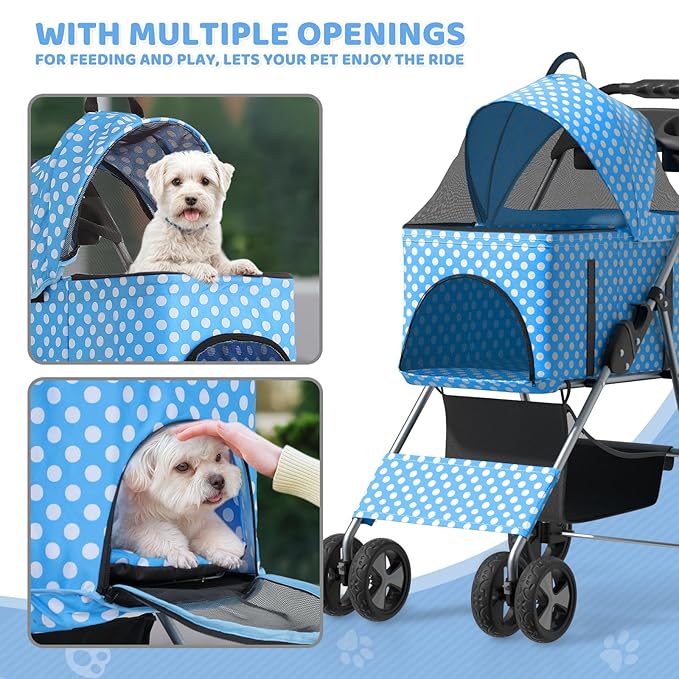 Magshion Foldable Pet Stroller, 3-in-1 Dog Travel Jogger with Detachable Carrier, Cup Holder, Storage Basket, Folding Carrier for Small/Medium Dogs & Cats Up to 33 lbs, Sky Blue Polka Dots