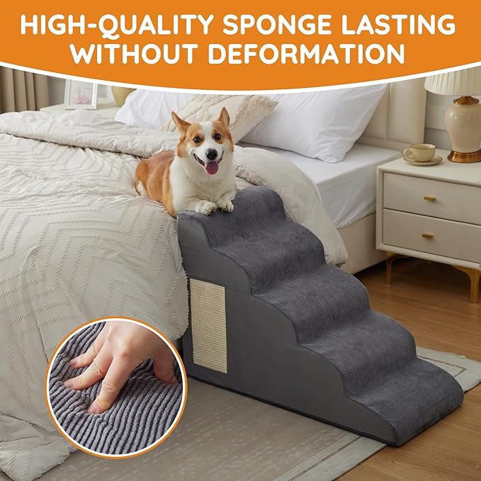 Pet Stairs, Dog Stairs for Small Dogs, Dogs Steps, 5-Step Curved Dog Ramp for Bed, Couch, Sofa, Car and Chairs, Non-Slip Bottom Design, Cat Scratching Board, High Density Foam Portable Pet Step, Grey