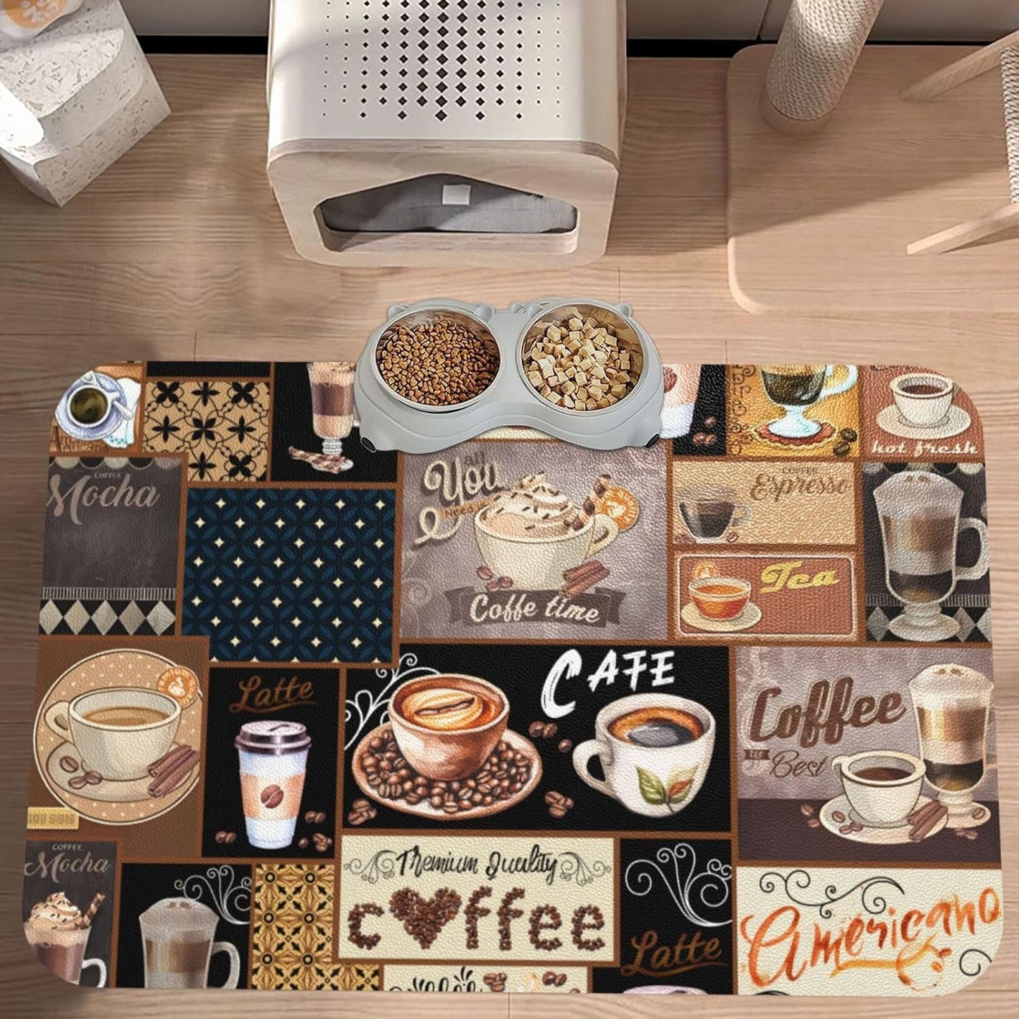 Boho Coffee Dog Food Mat Absorbent Bowl Mats No Stains Quick Dry Waterproof Pet Cat Placemats for Food and Water, 30x45cm