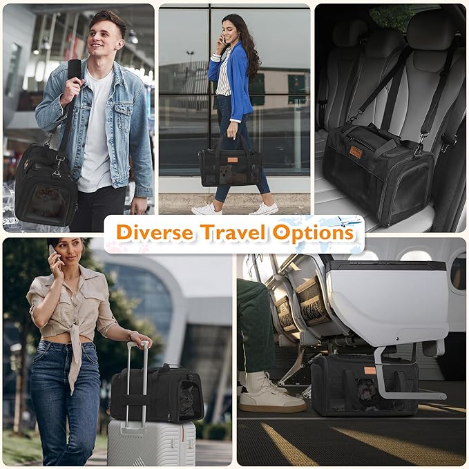 PETUX TSA Approved Pet Carrier in Cabin, 17"x11"x9.5" Soft Cat Carriers for Small Cats up to 12 lb, Top-Open Portable Dog Carrier with Litter Box and Anti-Scratch Mesh for Puppy up to 10 lb (Black)