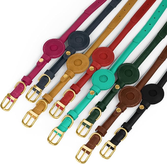 OOPSDOGGY Rolled Leather Dog Collar with Airtag Holder - Reflective Round Airtag Dog Collar - Soft Tracking Pet Collar for Small Dogs Puppy Cats Kitten (Camel, S, 10"-13")