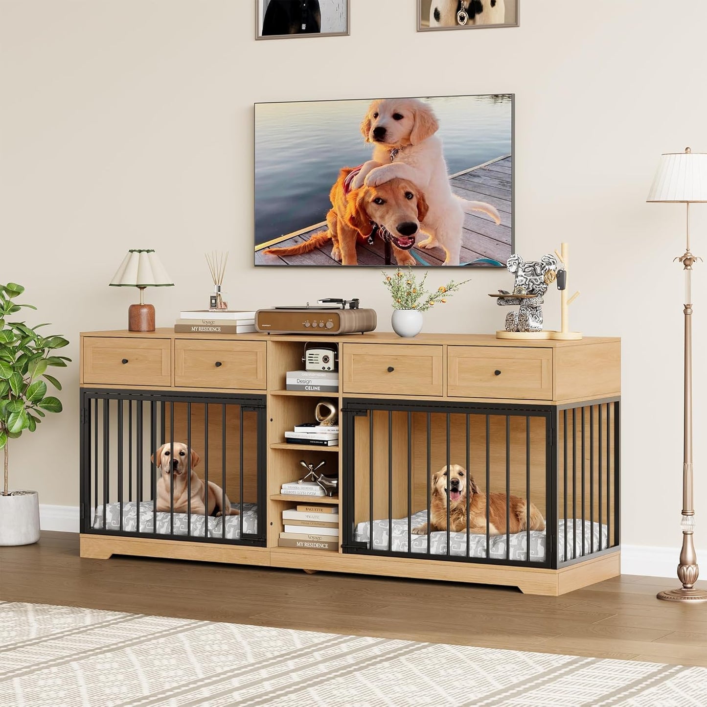 GarveeHome 82" Double Dog Crate Furniture, Large Dog Kennel Indoor for 2 Dogs, Heavy Duty Wooden Dog Crate TV Stand with 4 Drawers and Shelves, Natural