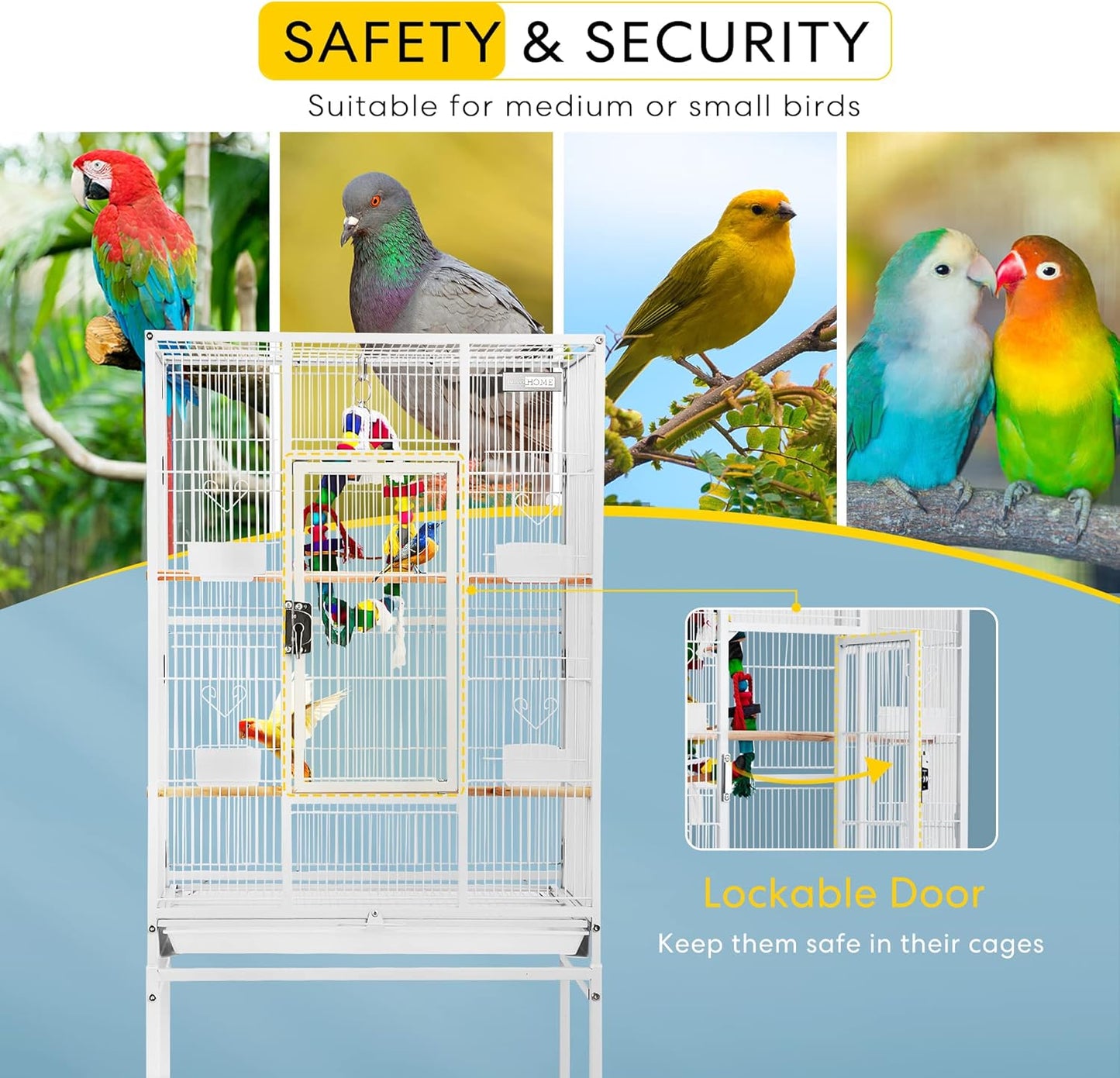 VIVOHOME 54 Inch Wrought Iron Large Bird Flight Cage with Rolling Stand for Parakeets Canaries Cockatiels Lovebirds Conures, White