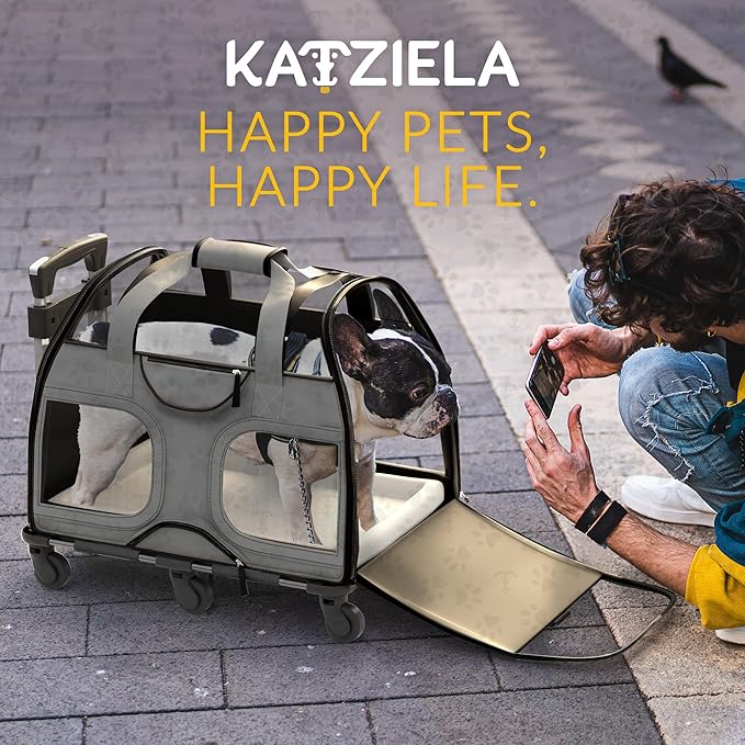 Katziela Pet Carrier - Airline Compliant Dog TSA for Small Dogs and Cats Soft FAA Travel Airplane Luggage (Gray/Black)