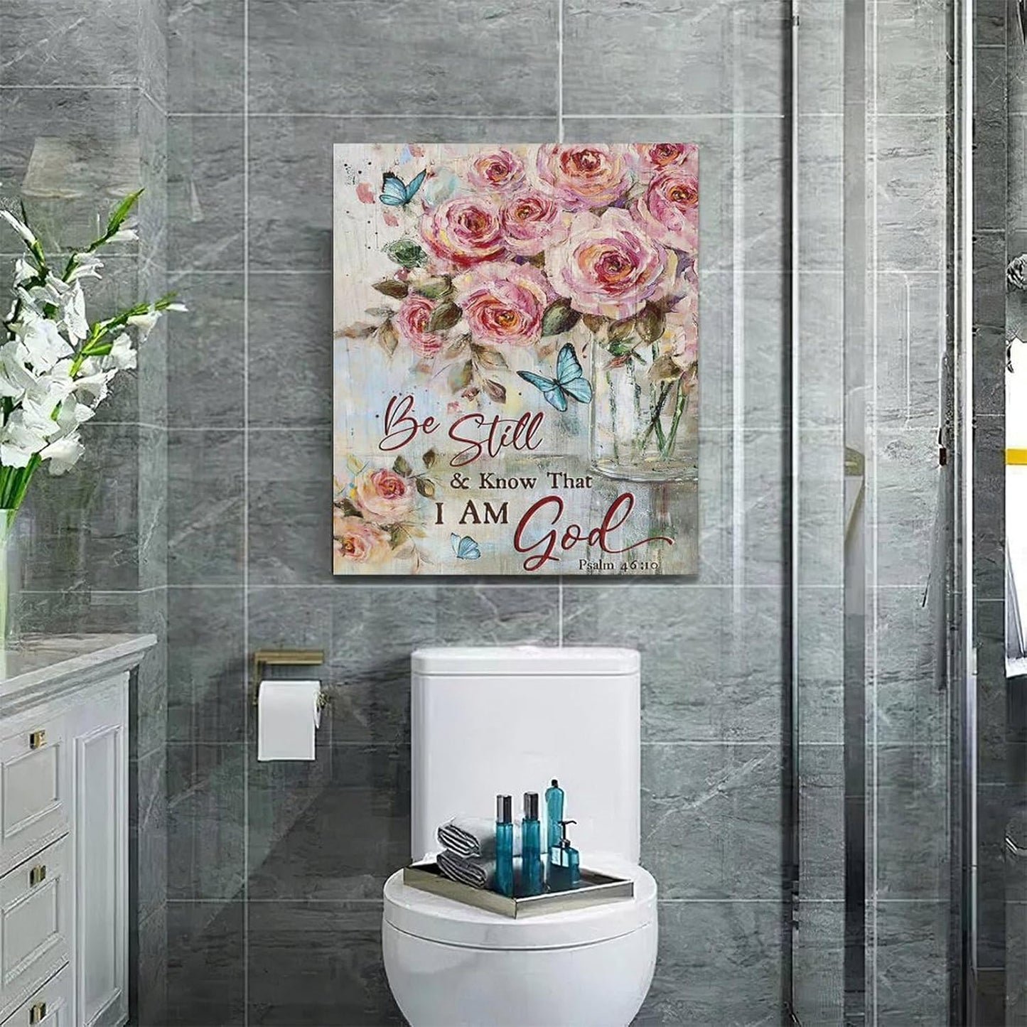 Farmhouse Rose Wall Art Christian Scripture Pictures Pink Rose Wall Decor Rustic Floral Butterfly Canvas Print Painting Artwork for Bathroom Living Room Bedroom 20"x24"