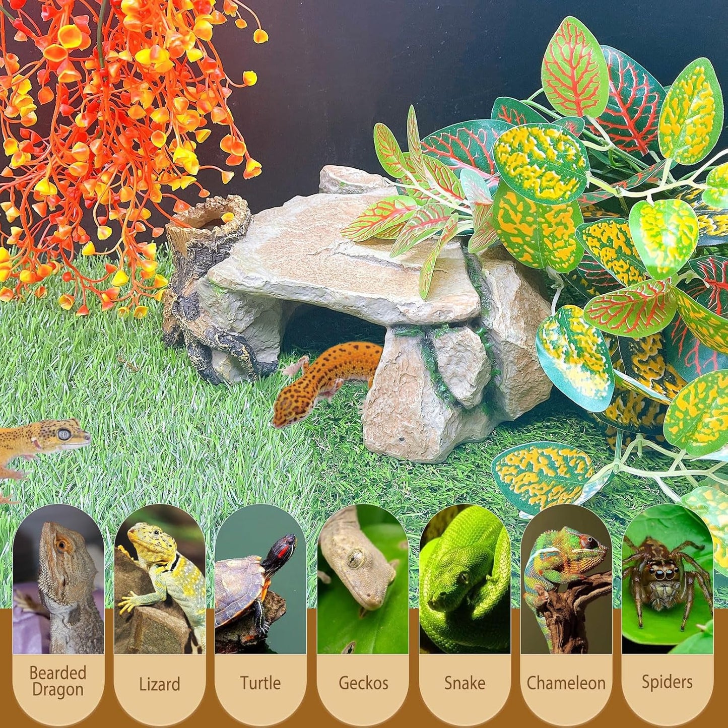 BNOSDM Reptile Hide Cave, Turtle Basking Platform, Terrarium Resin Rock Decor, Lizard Hideout Rocks Tank Accessories for Bearded Dragons, Snake, Leopard Gecko, Tortoise, Axolotls