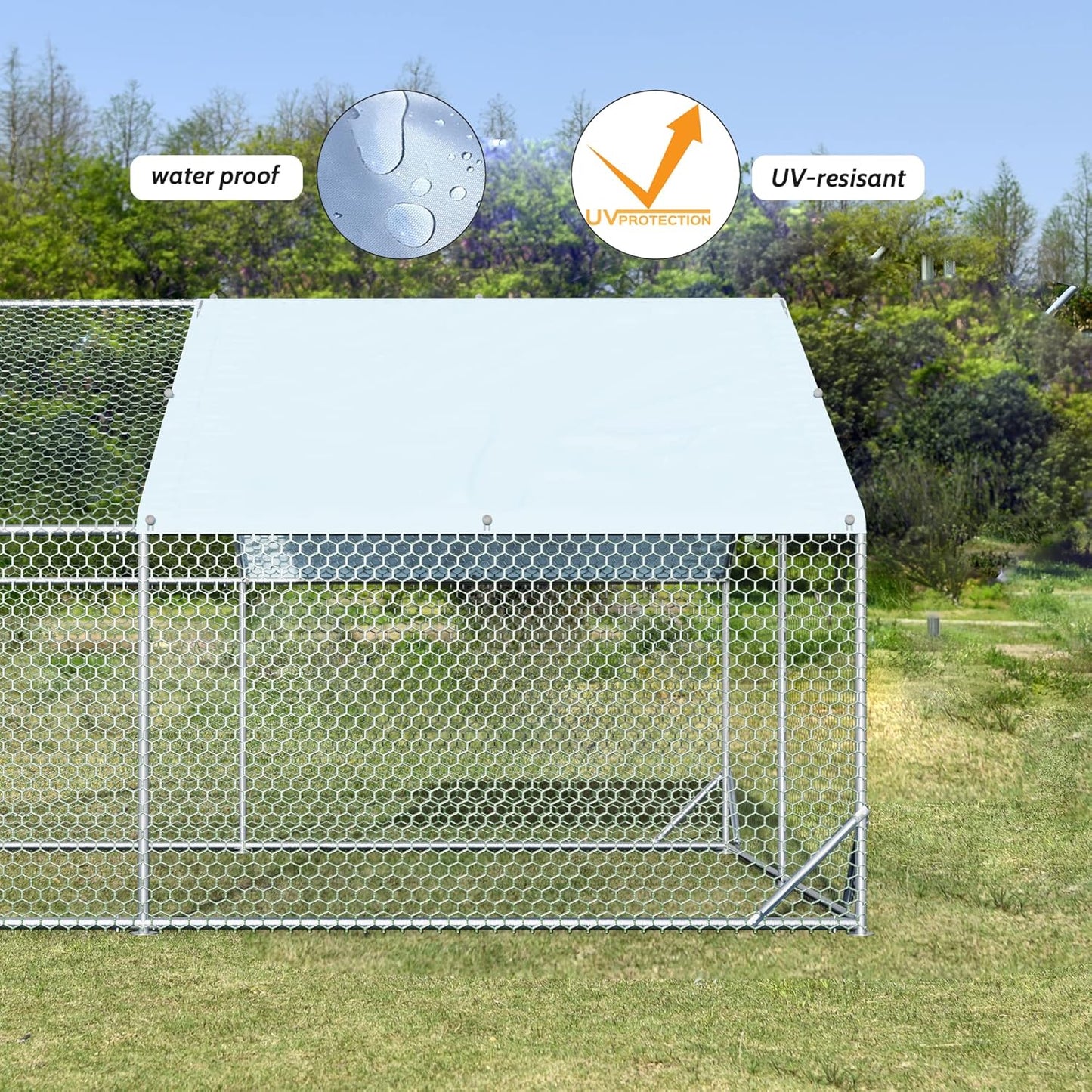 4ever2buy Large Metal Chicken Coop with Run Walk-in Poultry Cage Chicken Runs House Pen Cage Spire Roofed Chicken Coops with Anti-Ultraviolet Cover for Outdoor Yard Farm Use 9.8’L x 13.1’W x 6.4’H