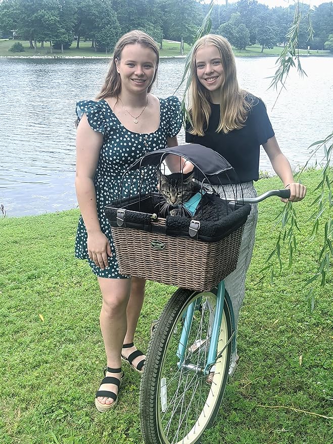 Travelin K9 Pet-Pilot MAX Wicker Bike Basket for Dogs/Cats - Includes Wire Cage Top w/Sun Shade + Plush Removable Padded Liner