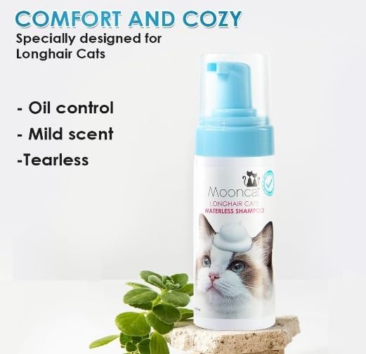 Mooncat Waterless Cat Shampoo for Longhair Cats | Licking Safe No-Rinse Dry Foam Bath for Detangling Matted Fur | Gentle Formula for Kittens & Sensitive Skin, pH Balanced - 5oz