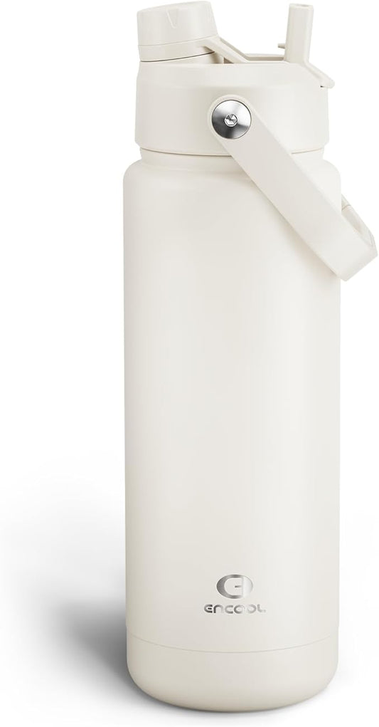 Insulated Water Bottle with Straw Stainless Steel Water Bottle, Leak-Proof, BPA-Free, Double Wall Vacuum Keeps Cold for 24 Hours for Sports, Travel, School (32 oz, Cream Moon)