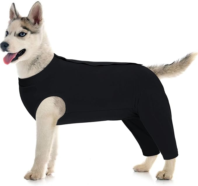Kuoser Dog Surgery Suit Female Spay Male Neuter, Dog Leg Sleeve to Stop Licking Soft Dog Onesie for Abdominal Wound, Dog Recovery Suit Rear Leg Sleeves Pet Elbow Brace Protector, Black L