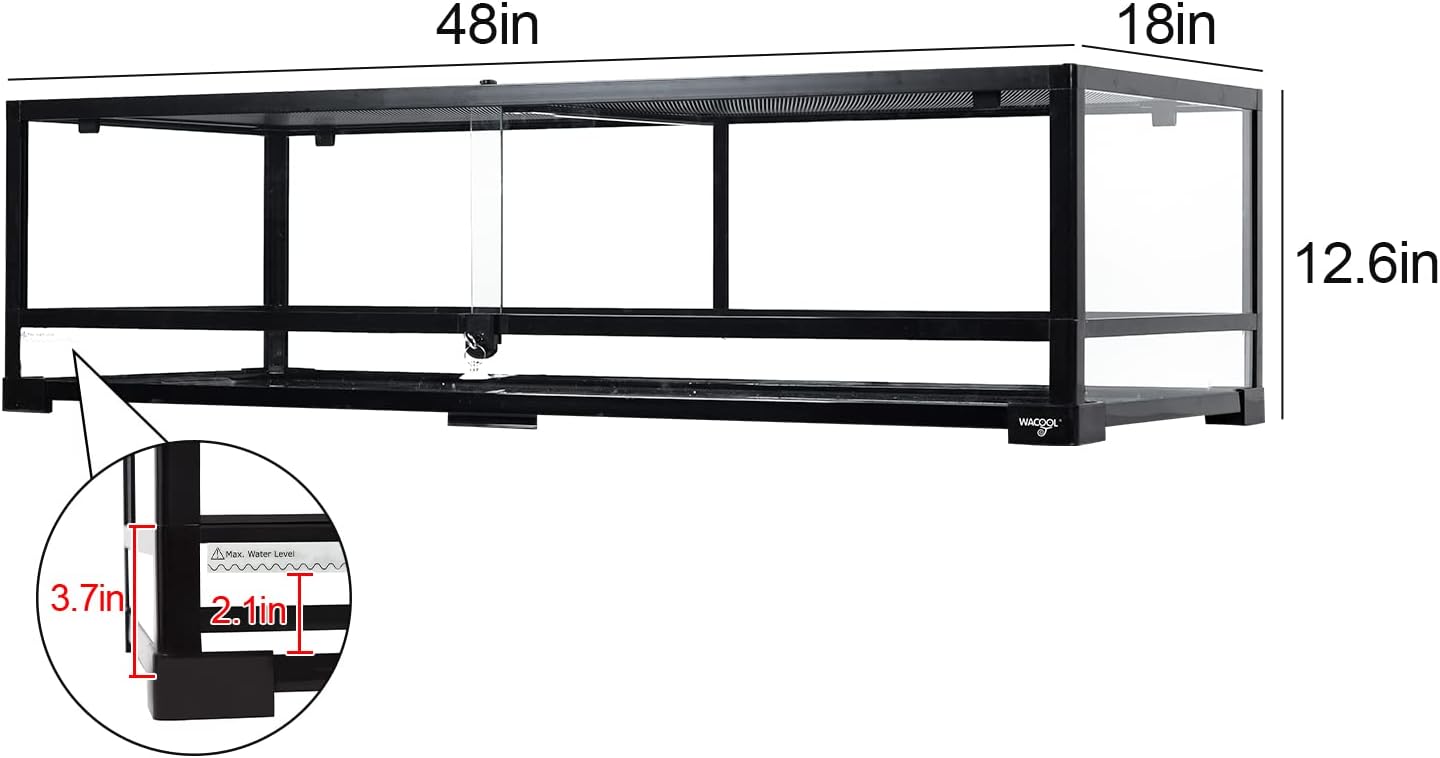 Large Reptile Tank 45 Gallon, 360°Full Vision Glass 48“ Long & 12” Low Reptile Terrarium with Top Mesh Lid for Tortoise Snake Ball Python