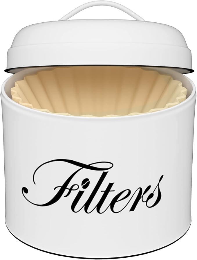 Coffee Filter Holder, White Basket Coffee Filter Storage with Lid, Round CoffeeFilter Container for Counter, Rustic Farmhouse Coffee Bar Accessories Decor (White)