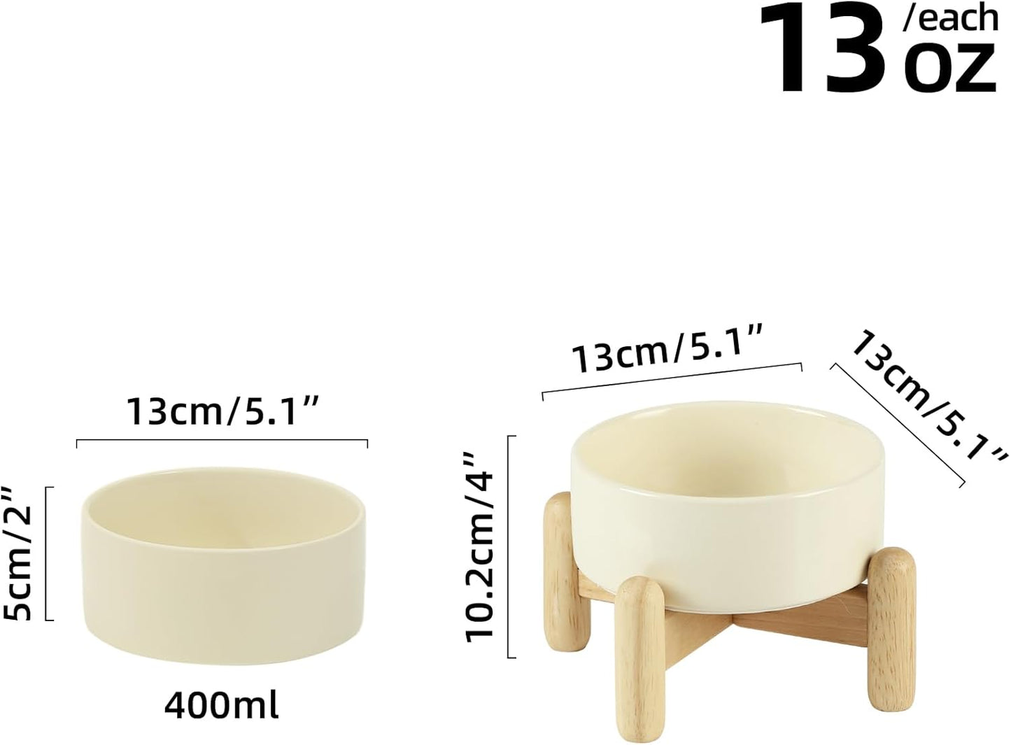 Ceramic 5.1inch Raised Dog and Cat Bowl Set, Elevated with Wooden Stand, Food and Water Bowl for Small Breed Dogs, Cats, Kitty, Weighted Dog Dishes, Pet Bowls(13.5oz, Beige)