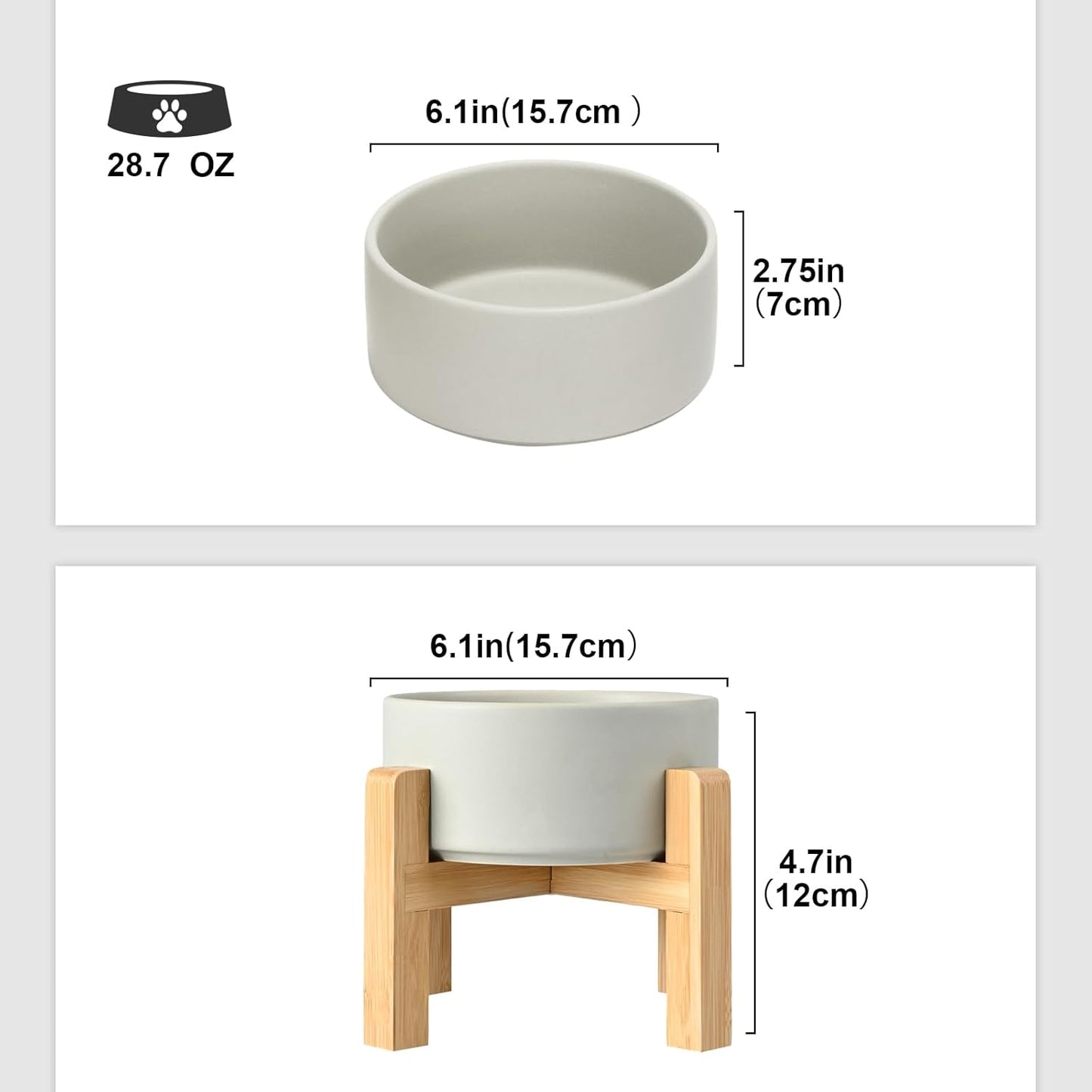 SPUNKYJUNKY Ceramic Elevated Dog Bowls 2 Pack - 6.1inch Raised Dog Bowls with Non-Slip Wooden Stand for Medium Dogs Dishwasher Safe(Grey,28.7OZ*2)