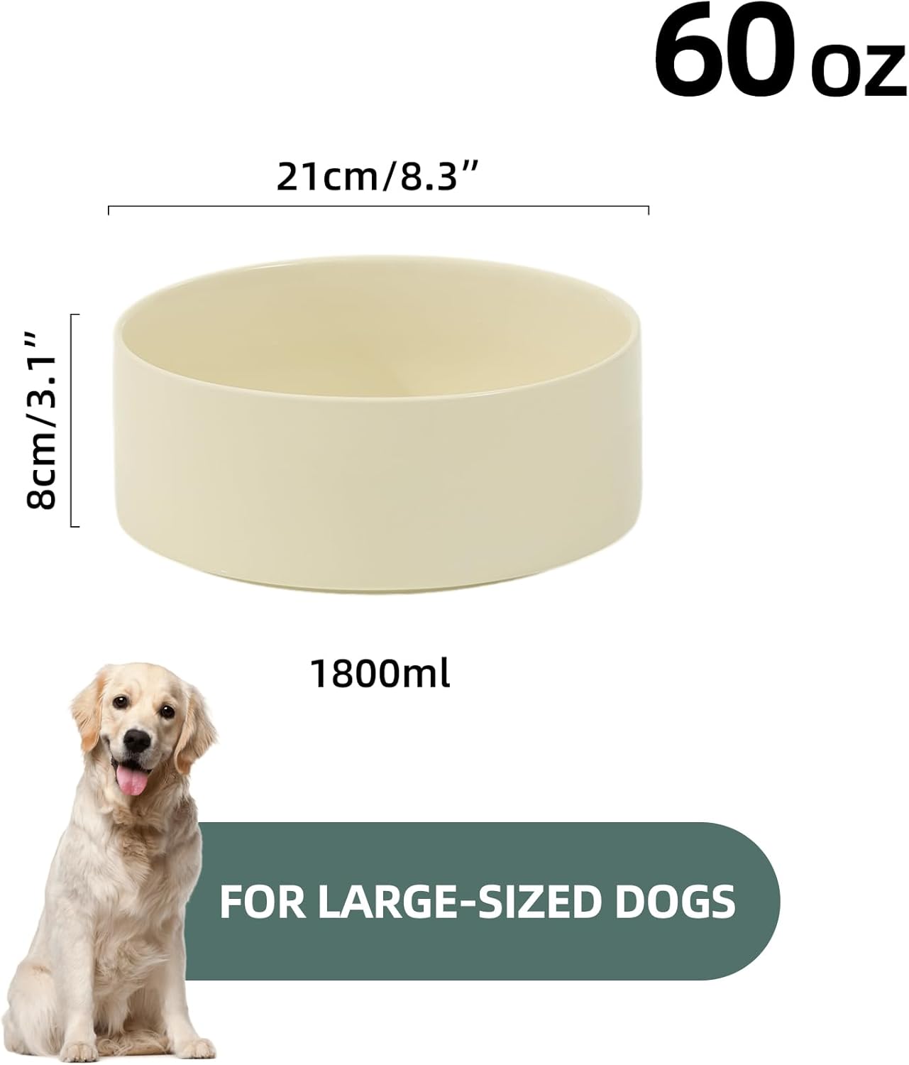 Ceramic 8.2inch Dog Bowl for Large-Breed Dogs, Anti-Slip and Weighted Pet Food and Water Bowl (Single Bowl - Beige)
