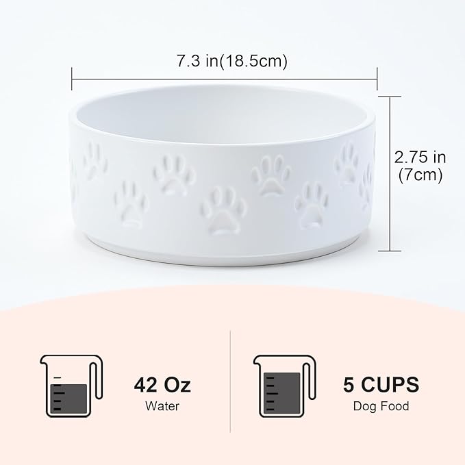 SPUNKYJUNKY Ceramic Dog Bowls 2 Pack, 7.3'' Dog Food Water Double Feeding Bowls Non-Slip for Medium to Large Sized Breed Microwave Dishwasher Safe - 42 OZ, 2pcs, Paw White