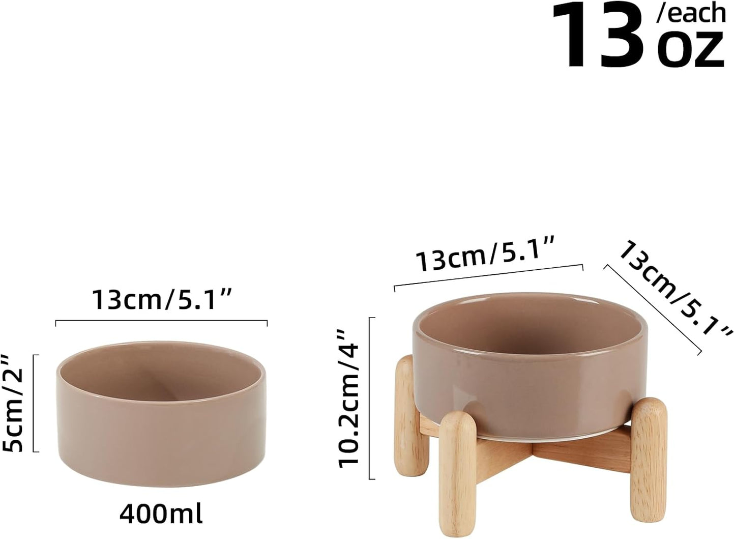 Ceramic 5.1inch Raised Dog and Cat Bowl Set, Elevated with Wooden Stand, Food and Water Bowl for Small Breed Dogs, Cats, Kitty, Weighted Dog Dishes, Pet Bowls(13.5oz, Brown Coffee)