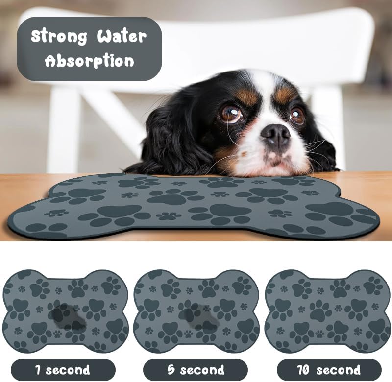 Dog Food Mats for Floors Waterproof, Pet Feeding Absorbent Water Bowl Mat Cat Placemats Gray Bone Shape 19 * 12 inch