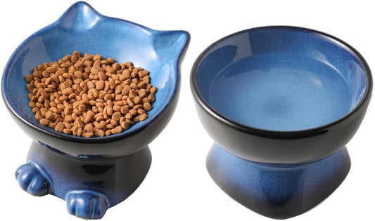 Nihow Elevated Cat/Dog Bowls Set : 6.2 Inch Ceramic Raised Cat Food & Water Bowl Set for Protecting Pet's Spine - Feeding & Watering Supplies for Cat/Small Size Dog - Elegant Blue & Black (2 PC)