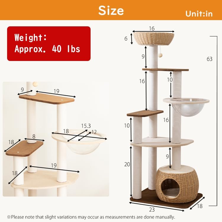 Wooden Cat Tower for Large Cats, 63’‘ Modern Multi-Level Condo with Natural Wood, Indoor Cat Furniture for Medium and Big Pets (White 81007DD)
