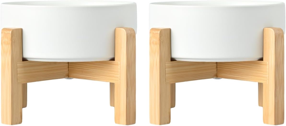 SPUNKYJUNKY Ceramic Elevated Dog Bowls 2 Pack - 5.1inch Raised Dog Bowls with Non-Slip Wooden Stand for Small Dogs Dishwasher Safe(White,13.5OZ*2)