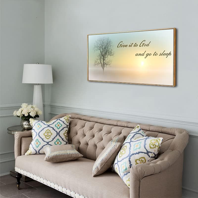 Lasdel Natural Extra Framed Wall Art of Misty Sunset & Tree Plant Picture For Bedroom Home Above Bed,Large White Country Wood Sign For Bathroom,Give It To God & Go to Sleep Artwork Decor,24x48