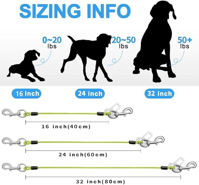 Dog Seat Belt Harness for Car,Dog Seatbelt of Coated Wire Leash Safety Restraint,No Chew Tether Cable Vehicle,Double Clips & Latch(Green, 24 inch/60 CM)