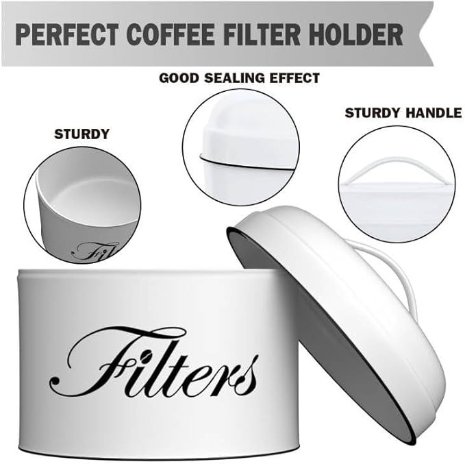 Coffee Filter Holder, White Basket Coffee Filter Storage with Lid, Round CoffeeFilter Container for Counter, Rustic Farmhouse Coffee Bar Accessories Decor (White)