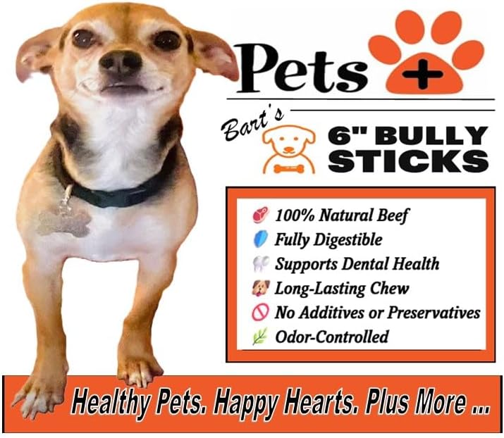 Pets Plus Premium Bart's Bully Sticks for Dogs – 6 Inch, Medium Size, All-Natural, Long-Lasting Chews for Moderate Chewers – High Protein, Low Odor, Grain-Free (5-Pack)