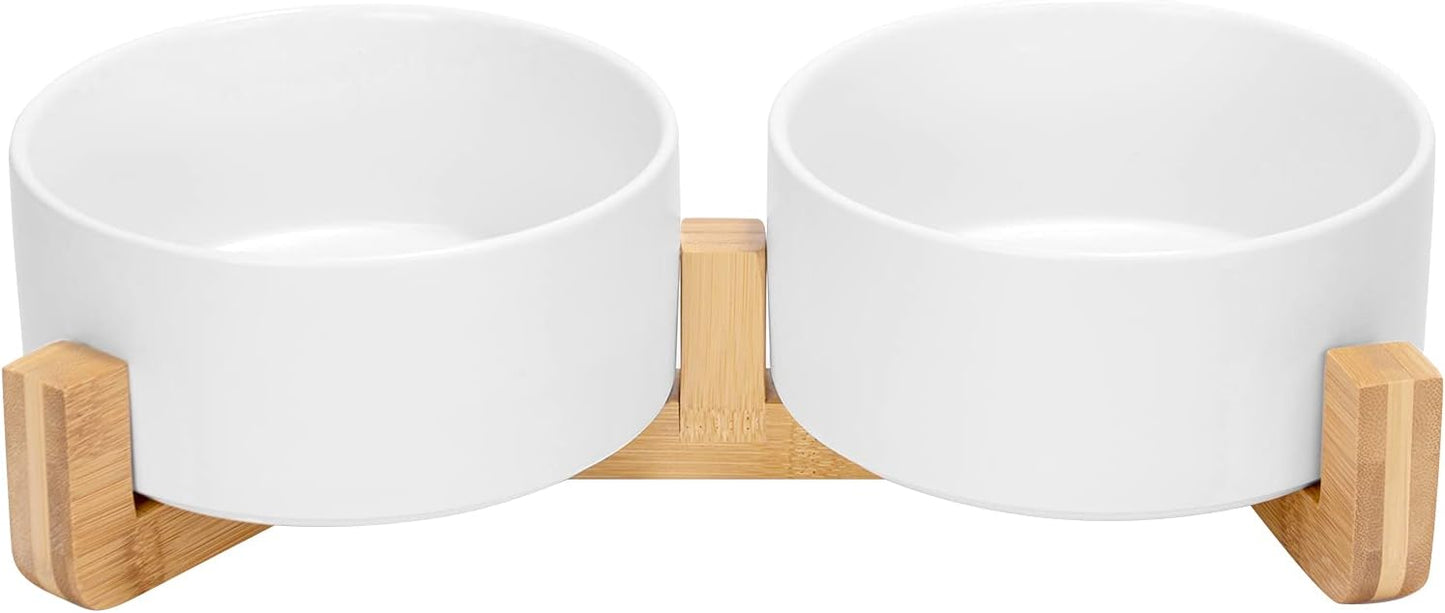 SPUNKYJUNKY Ceramic Dog and Cat Bowl Set with Wooden Stand, Modern Cute Weighted Food Water Set for Large Size Dogs (7.6 Cups, 2 × White)