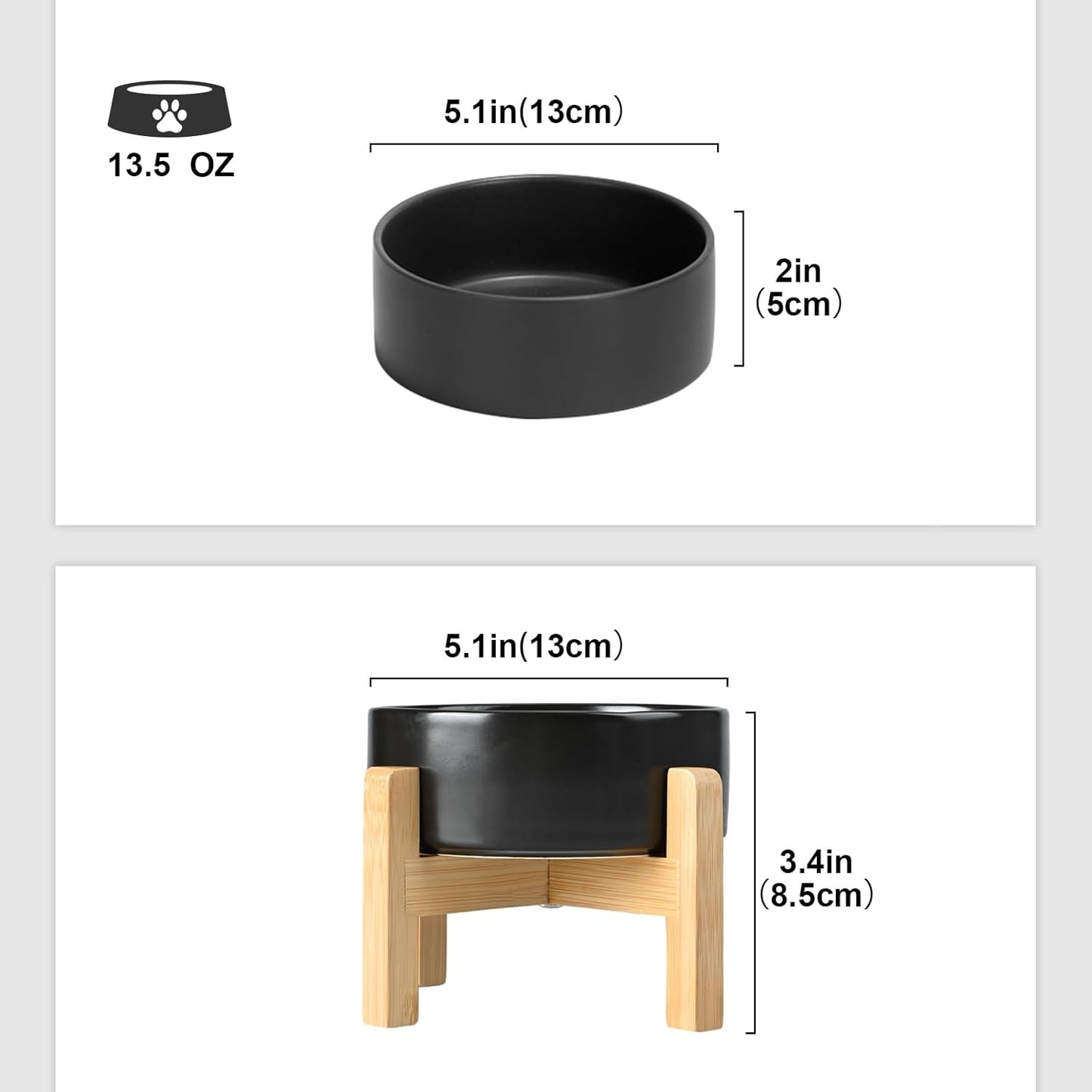 SPUNKYJUNKY Ceramic Elevated Dog Bowls 2 Pack - 5.1inch Raised Dog Bowls with Non-Slip Wooden Stand for Small Dogs Dishwasher Safe(Black,13.5OZ*2)
