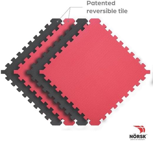 Norsk Reversible Gym Exercise Mats 3/4" Thick EVA Interlocking Foam Tiles, Perfect Home Gym Flooring, 32 Tiles & 64 Trim Pieces, 128 Sq. Ft. Reversible, Red/Black